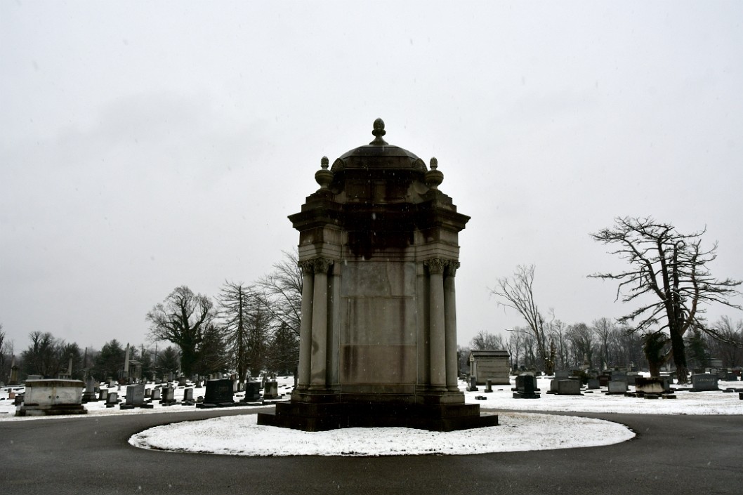 Tall Mausoleum on a Snowy Day